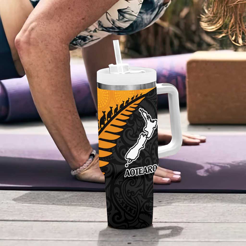 Australia New Zealand Rugby Tumbler With Handle Aboriginal Wallabies and Maori Black Fern Gold Vibe LT9 - Polynesian Pride