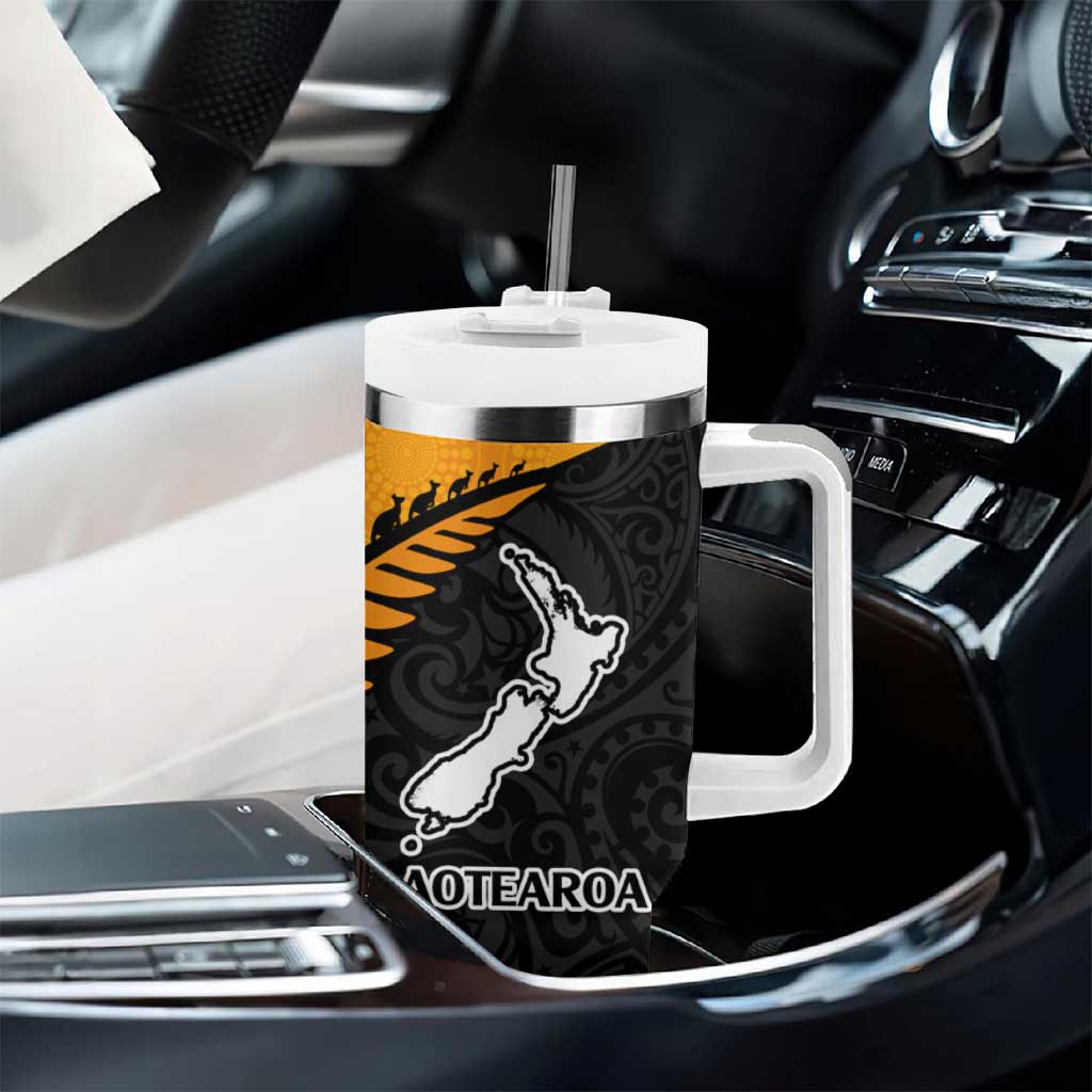 Australia New Zealand Rugby Tumbler With Handle Aboriginal Wallabies and Maori Black Fern Gold Vibe LT9 - Polynesian Pride