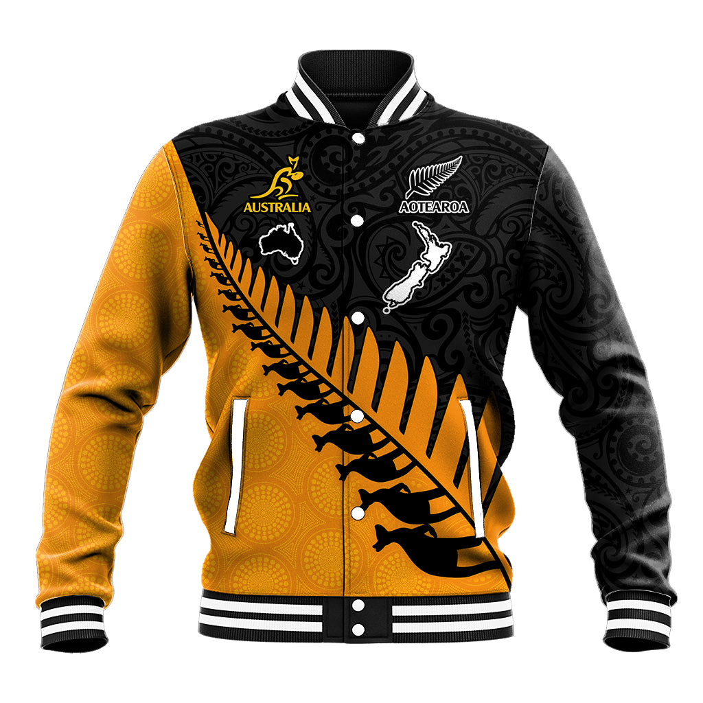 Custom Australia Wallabies and Aotearoa Rugby Baseball Jacket Kangaroo Black Fern Maori Gold Vibe LT9 Unisex Gold - Polynesian Pride