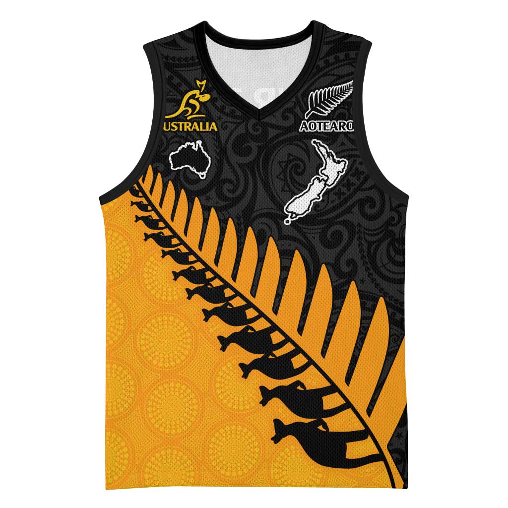 Australia New Zealand Rugby Basketball Jersey Gold Aboriginal Wallabies and Maori Black Fern LT9 Unisex Gold - Polynesian Pride
