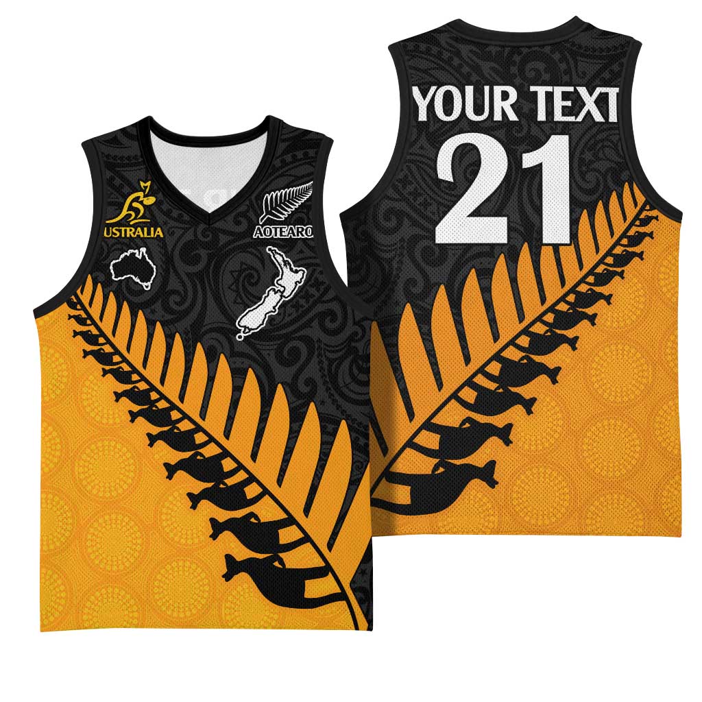 Australia New Zealand Rugby Basketball Jersey Gold Aboriginal Wallabies and Maori Black Fern LT9 - Polynesian Pride
