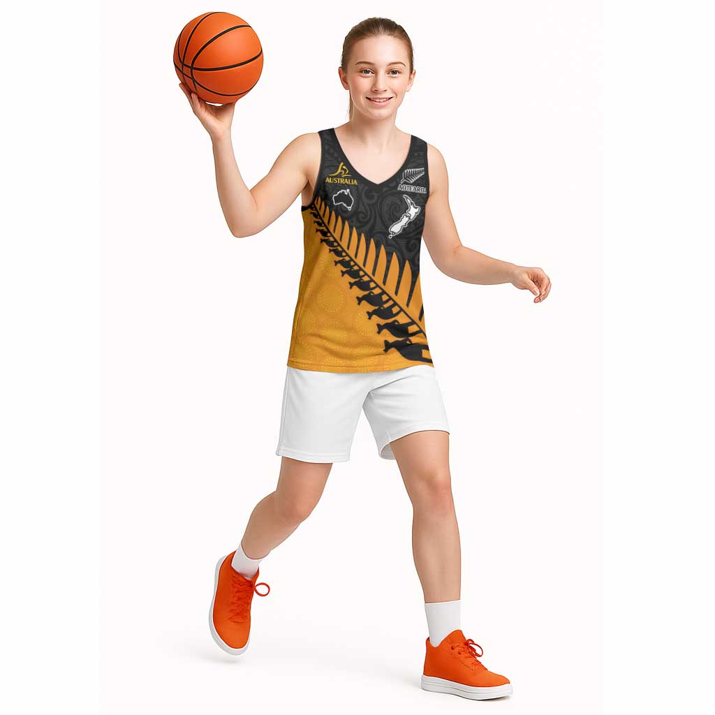 Australia New Zealand Rugby Basketball Jersey Gold Aboriginal Wallabies and Maori Black Fern LT9 - Polynesian Pride