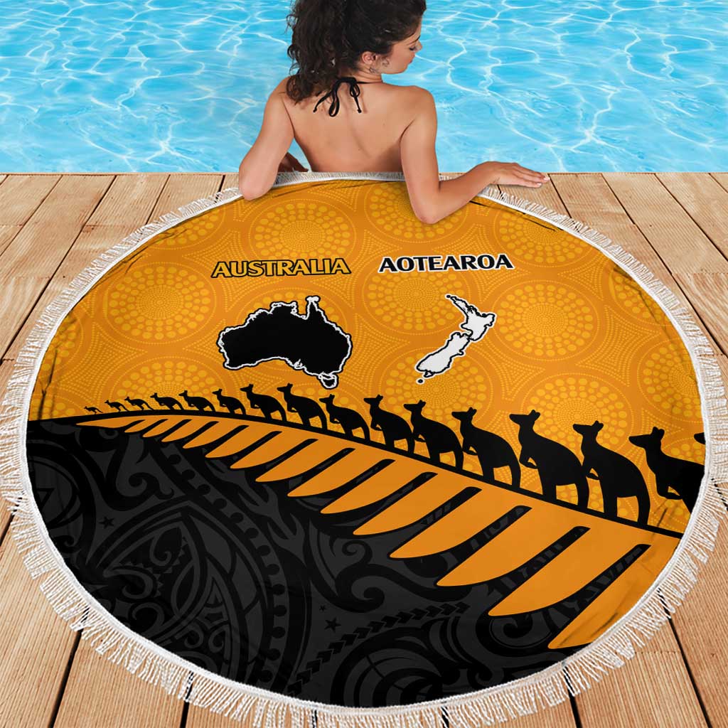 Australia New Zealand Rugby Beach Blanket Gold Aboriginal Wallabies and Maori Black Fern LT9 - Polynesian Pride