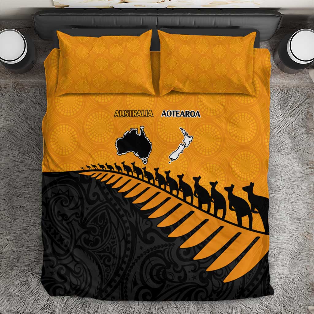 Australia New Zealand Rugby Bedding Set Gold Aboriginal Wallabies and Maori Black Fern - Polynesian Pride