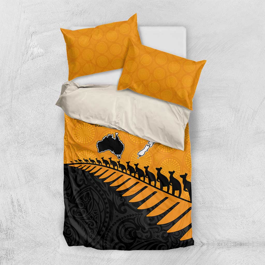 Australia New Zealand Rugby Bedding Set Gold Aboriginal Wallabies and Maori Black Fern - Polynesian Pride
