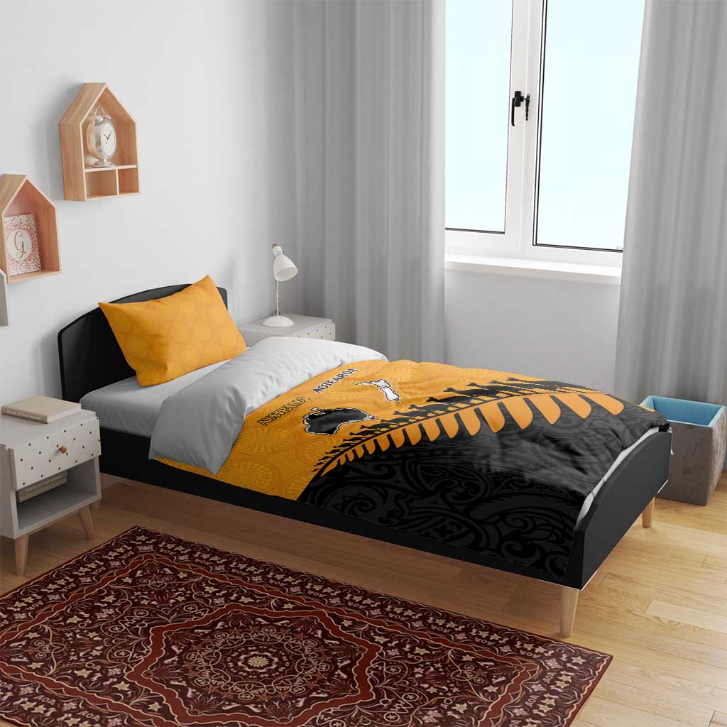 Australia New Zealand Rugby Bedding Set Gold Aboriginal Wallabies and Maori Black Fern - Polynesian Pride