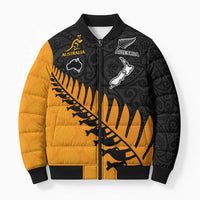 Australia New Zealand Rugby Bomber Puffer Jacket Gold Aboriginal Wallabies and Maori Black Fern LT9 Unisex Gold - Polynesian Pride