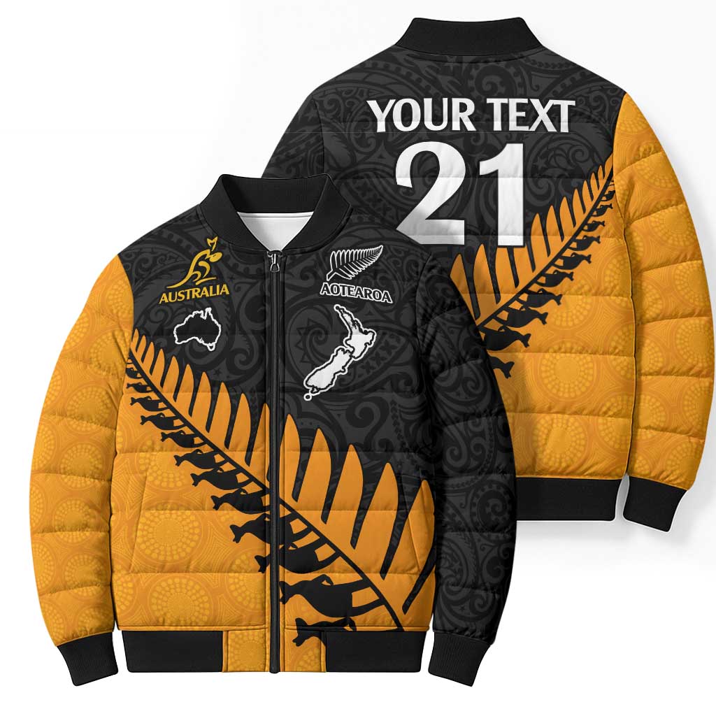 Australia New Zealand Rugby Bomber Puffer Jacket Gold Aboriginal Wallabies and Maori Black Fern LT9 - Polynesian Pride