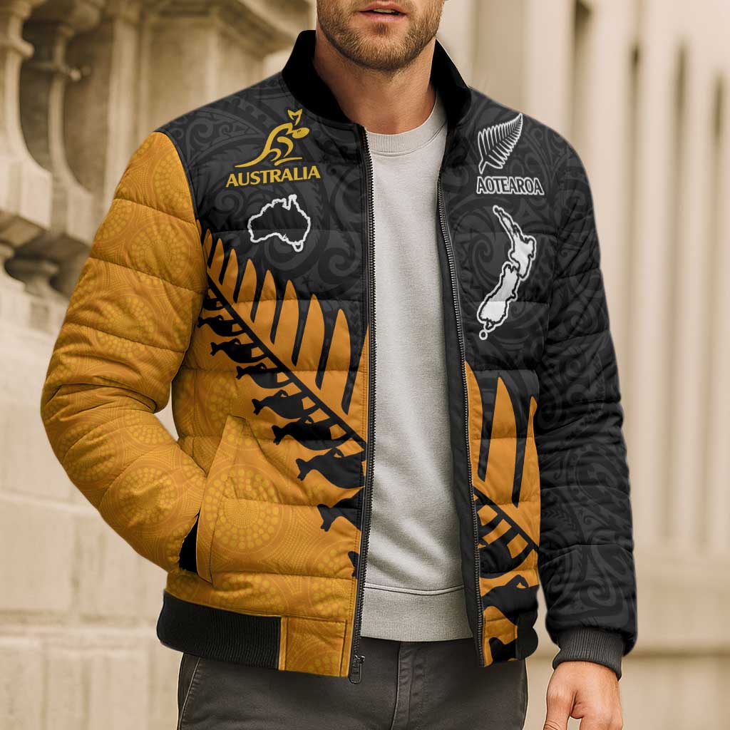 Australia New Zealand Rugby Bomber Puffer Jacket Gold Aboriginal Wallabies and Maori Black Fern LT9 - Polynesian Pride