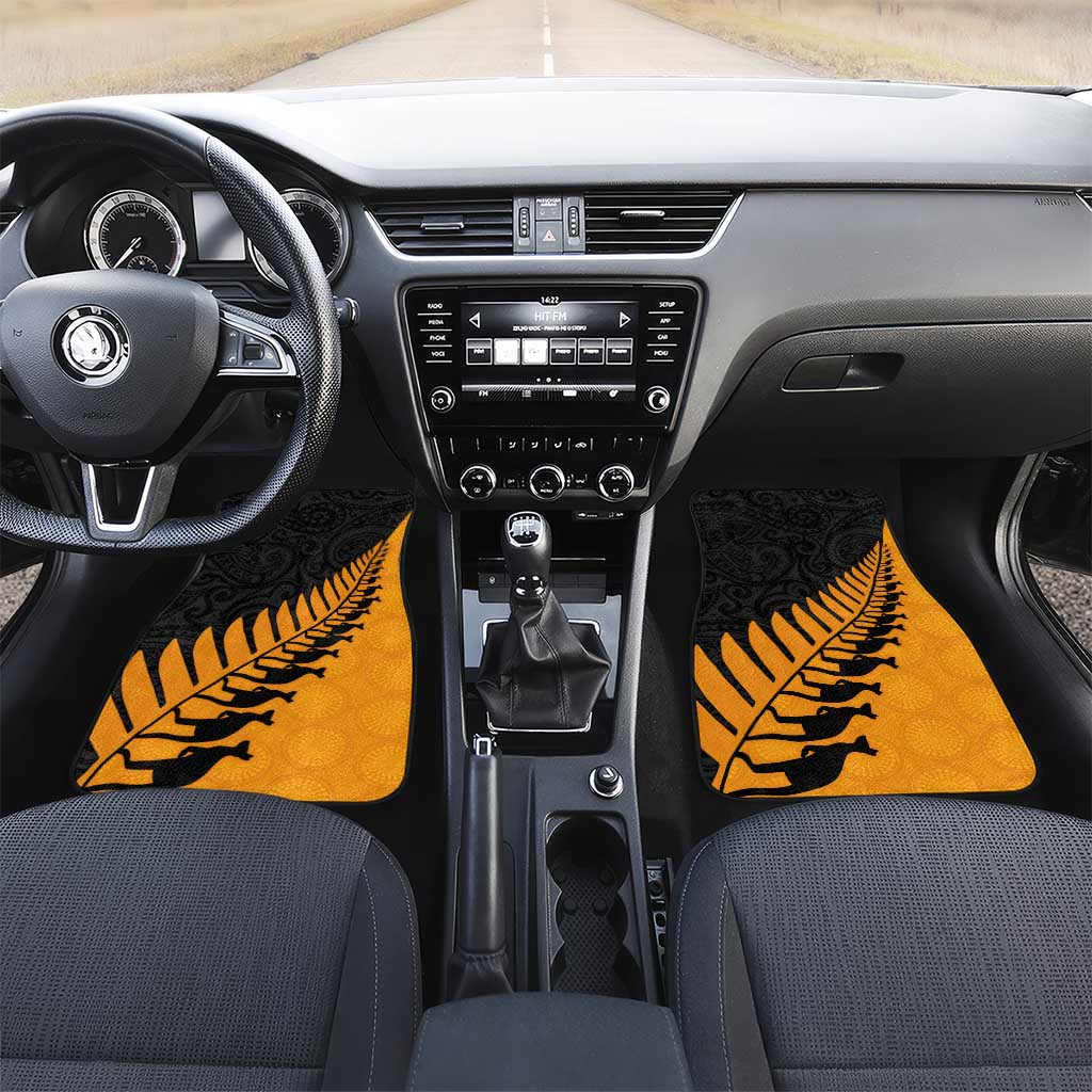 Australia New Zealand Rugby Car Mats Gold Aboriginal Wallabies and Maori Black Fern LT9 Set 2pcs - Front Gold - Polynesian Pride