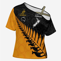 Australia New Zealand Rugby Cross Shoulder Shirt Gold Aboriginal Wallabies and Maori Black Fern LT9 Female Gold - Polynesian Pride