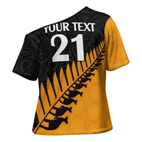 Australia New Zealand Rugby Cross Shoulder Shirt Gold Aboriginal Wallabies and Maori Black Fern LT9 - Polynesian Pride