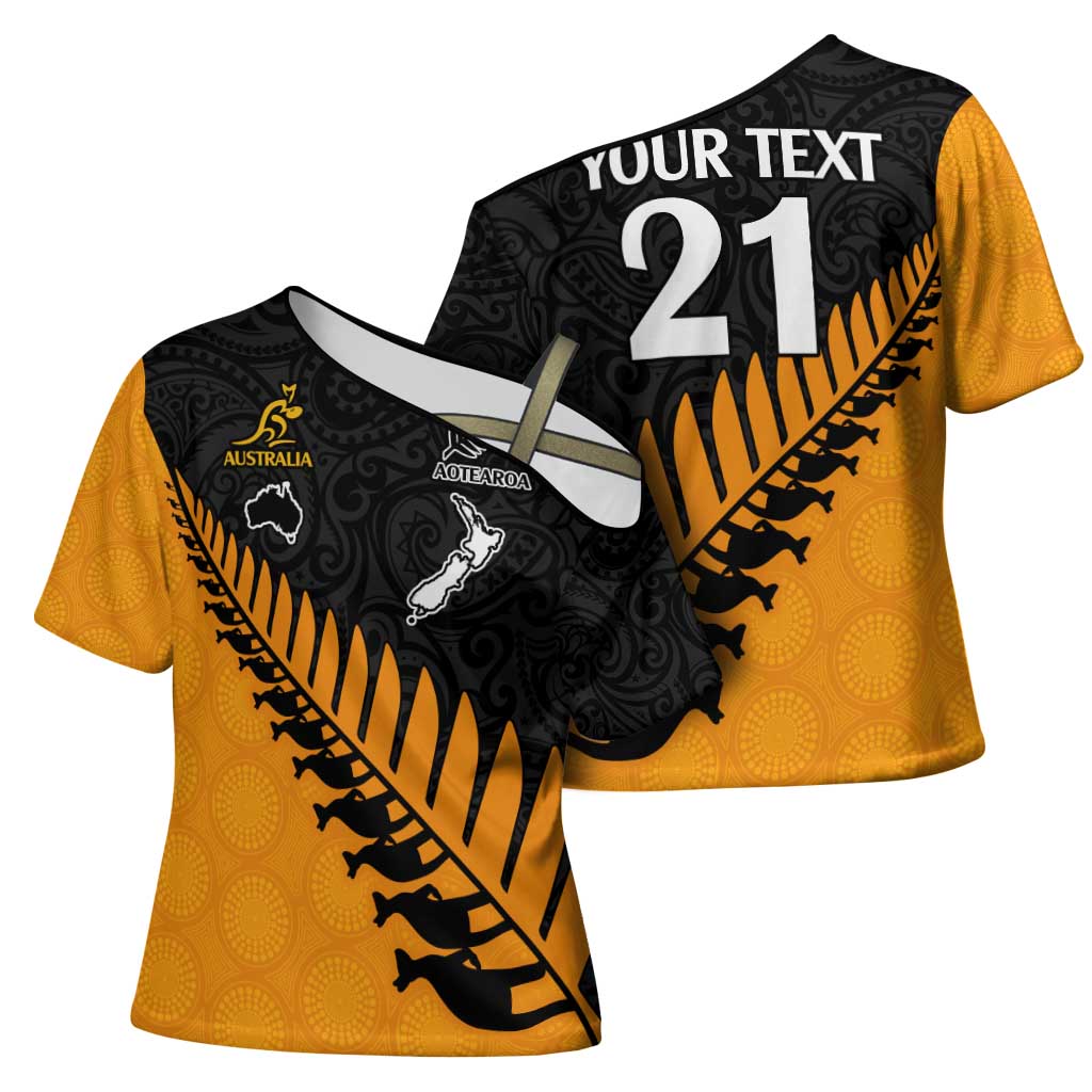 Australia New Zealand Rugby Cross Shoulder Shirt Gold Aboriginal Wallabies and Maori Black Fern LT9 - Polynesian Pride