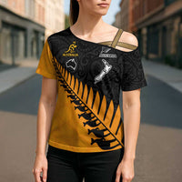 Australia New Zealand Rugby Cross Shoulder Shirt Gold Aboriginal Wallabies and Maori Black Fern LT9 - Polynesian Pride