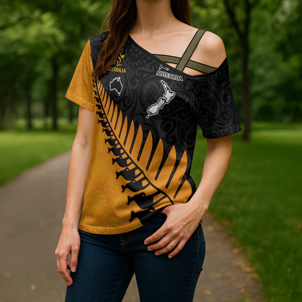 Australia New Zealand Rugby Cross Shoulder Shirt Gold Aboriginal Wallabies and Maori Black Fern LT9 - Polynesian Pride