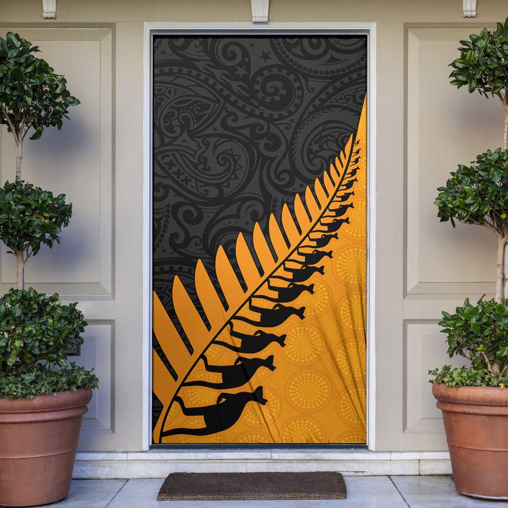 Australia New Zealand Rugby Door Cover Gold Aboriginal Wallabies and Maori Black Fern LT9 Gold - Polynesian Pride