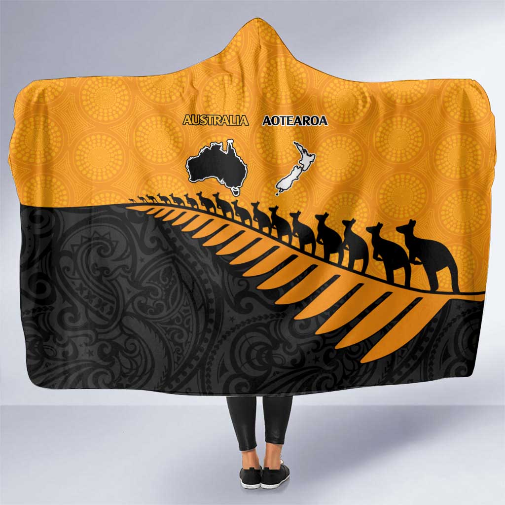 Australia New Zealand Rugby Hooded Blanket Gold Aboriginal Wallabies and Maori Black Fern LT9 One Size Gold - Polynesian Pride
