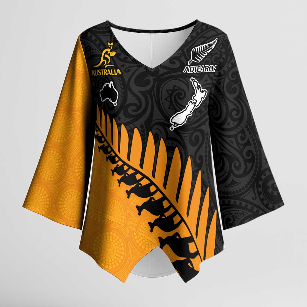 Australia New Zealand Rugby Kimono Sleeve Blouse Gold Aboriginal Wallabies and Maori Black Fern LT9 Female Gold - Polynesian Pride
