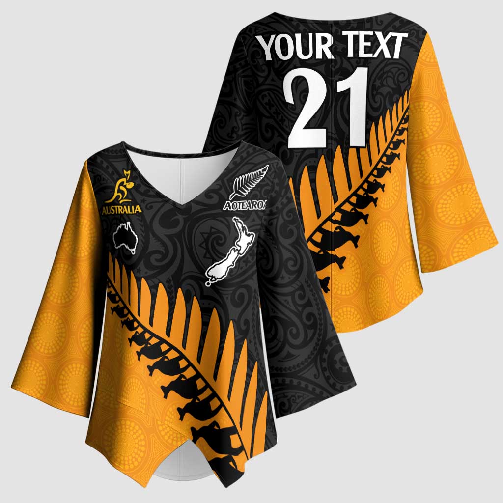 Australia New Zealand Rugby Kimono Sleeve Blouse Gold Aboriginal Wallabies and Maori Black Fern LT9 - Polynesian Pride