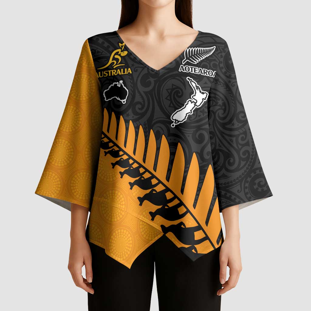 Australia New Zealand Rugby Kimono Sleeve Blouse Gold Aboriginal Wallabies and Maori Black Fern LT9 - Polynesian Pride