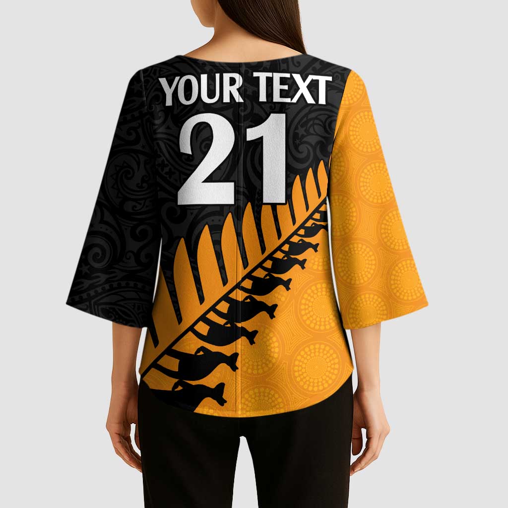 Australia New Zealand Rugby Kimono Sleeve Blouse Gold Aboriginal Wallabies and Maori Black Fern LT9 - Polynesian Pride