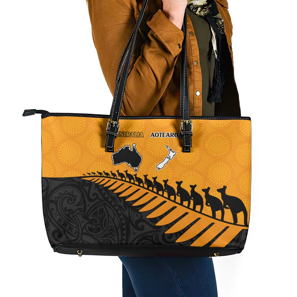 Australia New Zealand Rugby Leather Tote Bag Gold Aboriginal Wallabies and Maori Black Fern LT9 - Polynesian Pride