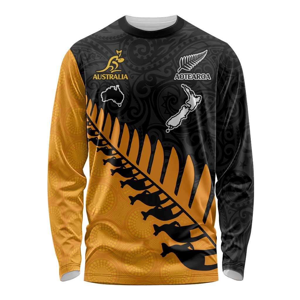 Custom Australia Wallabies and Aotearoa Rugby Long Sleeve Shirt Kangaroo Black Fern Maori Gold Vibe LT9 Unisex Gold - Polynesian Pride