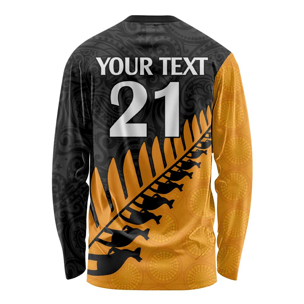 Custom Australia Wallabies and Aotearoa Rugby Long Sleeve Shirt Kangaroo Black Fern Maori Gold Vibe LT9 - Polynesian Pride