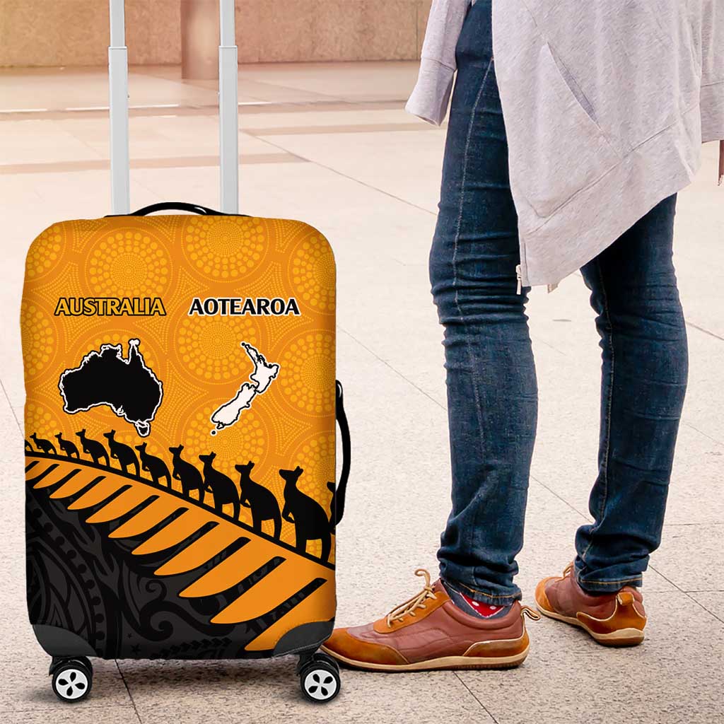 Australia New Zealand Rugby Luggage Cover Gold Aboriginal Wallabies and Maori Black Fern - Polynesian Pride