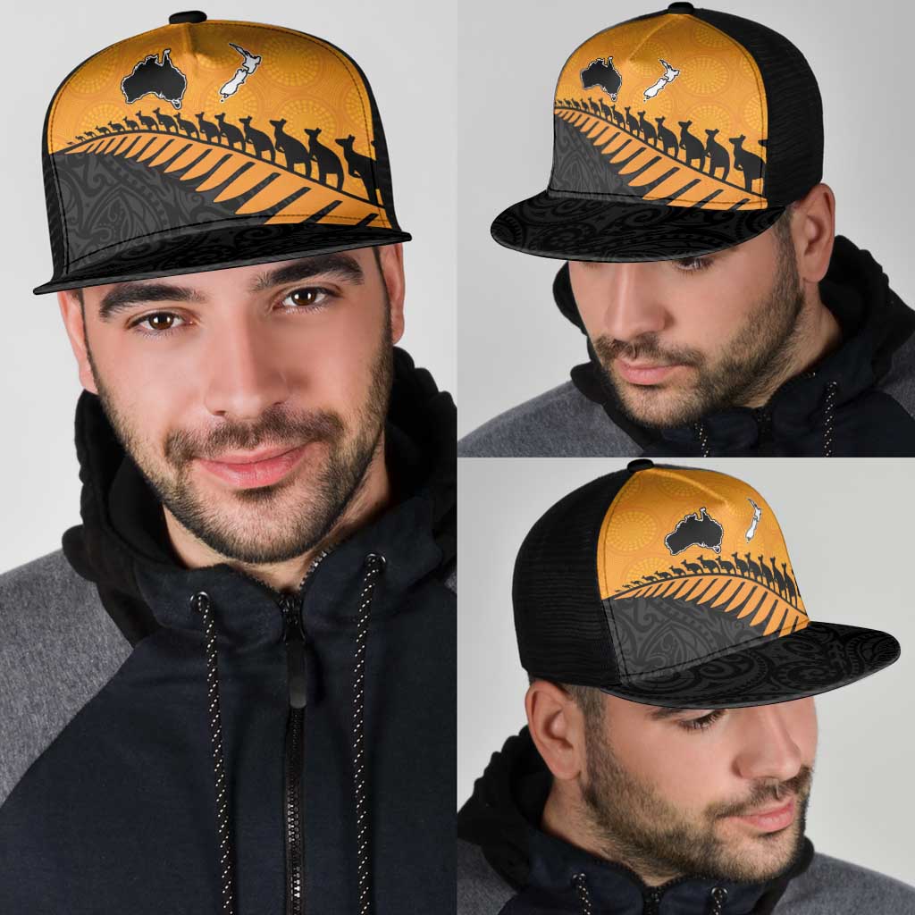 Australia New Zealand Rugby Mesh Trucker Cap Gold Aboriginal Wallabies and Maori Black Fern LT9 - Polynesian Pride