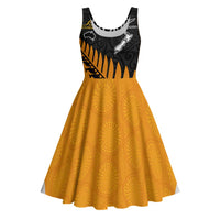 Australia New Zealand Rugby Midi Dress Gold Aboriginal Wallabies and Maori Black Fern LT9 Gold - Polynesian Pride