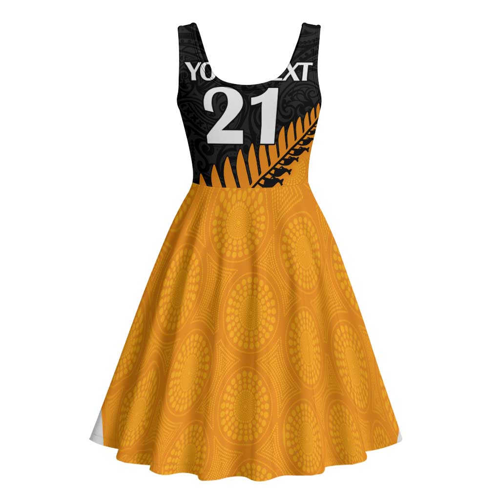 Australia New Zealand Rugby Midi Dress Gold Aboriginal Wallabies and Maori Black Fern LT9 - Polynesian Pride