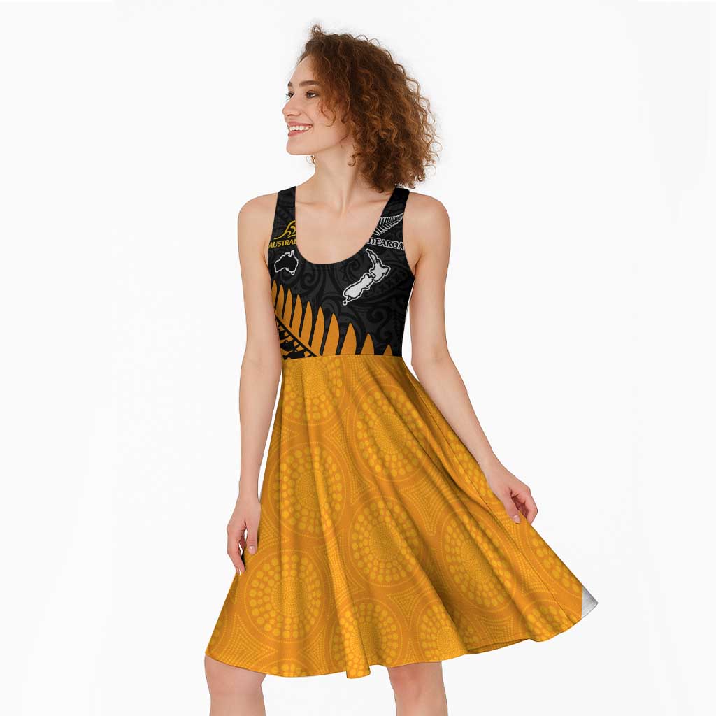 Australia New Zealand Rugby Midi Dress Gold Aboriginal Wallabies and Maori Black Fern LT9 - Polynesian Pride
