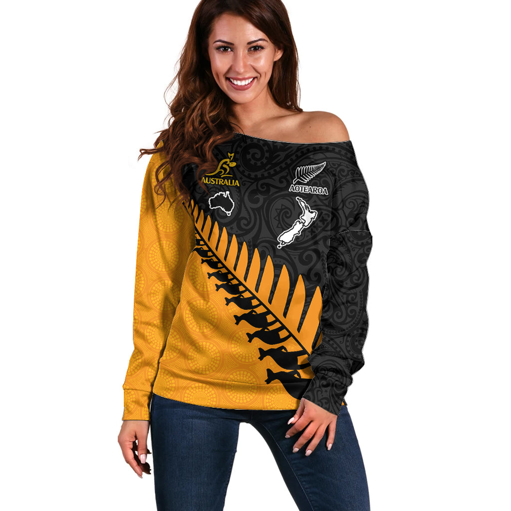 Custom Australia Wallabies and Aotearoa Rugby Off Shoulder Sweater Kangaroo Black Fern Maori Gold Vibe LT9 Women Gold - Polynesian Pride