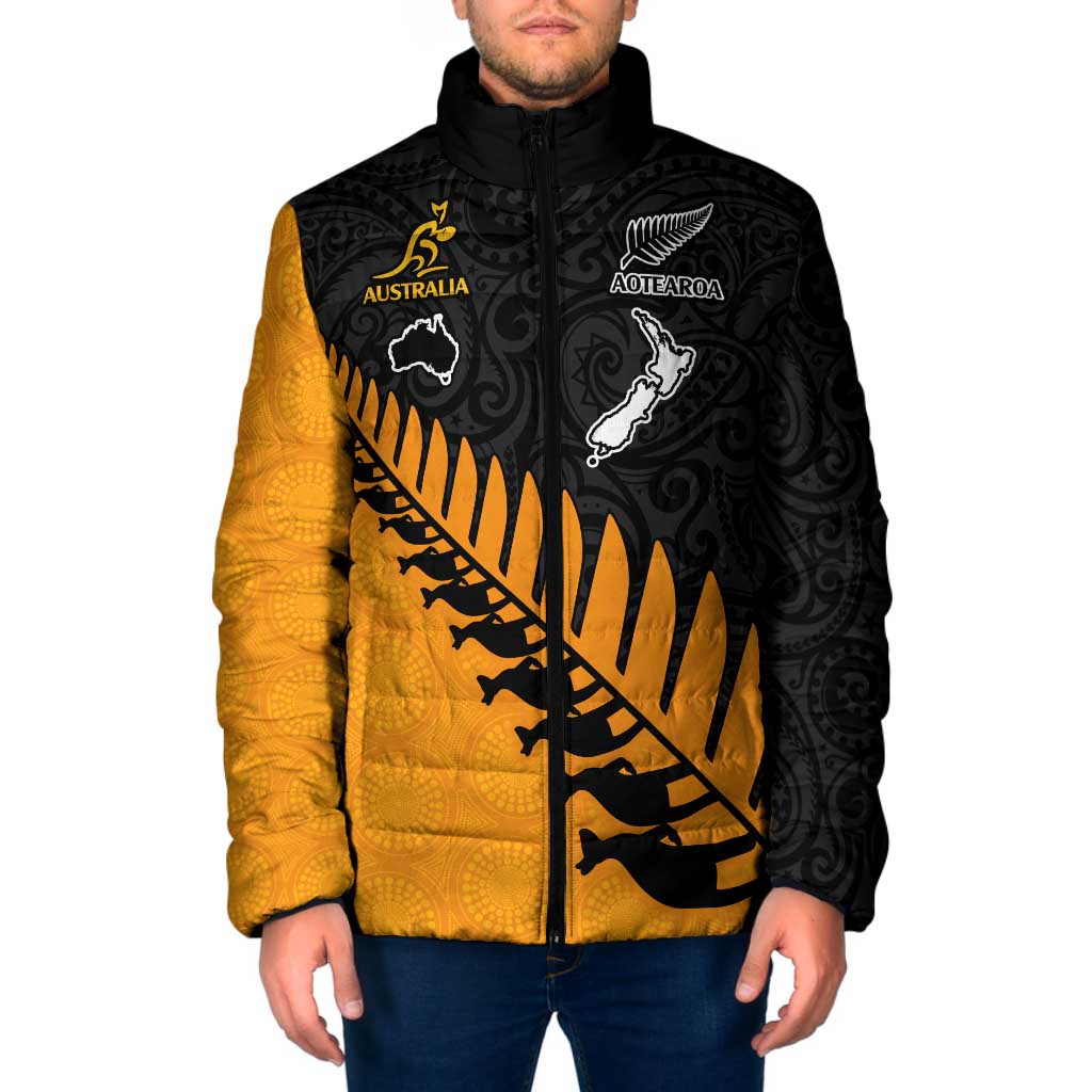 Australia New Zealand Rugby Padded Jacket Gold Aboriginal Wallabies and Maori Black Fern LT9 Men Gold - Polynesian Pride