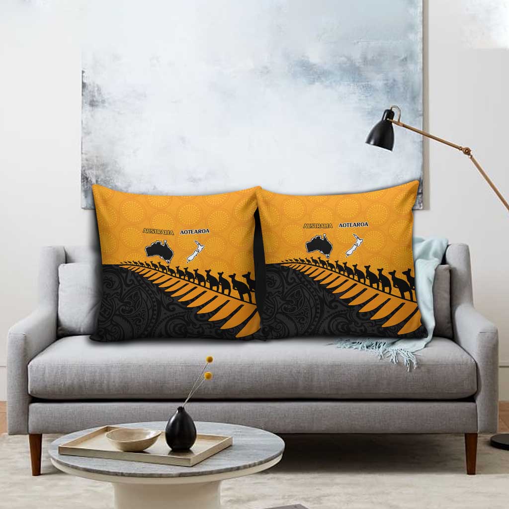 Australia New Zealand Rugby Pillow Cover Gold Aboriginal Wallabies and Maori Black Fern LT9 - Polynesian Pride