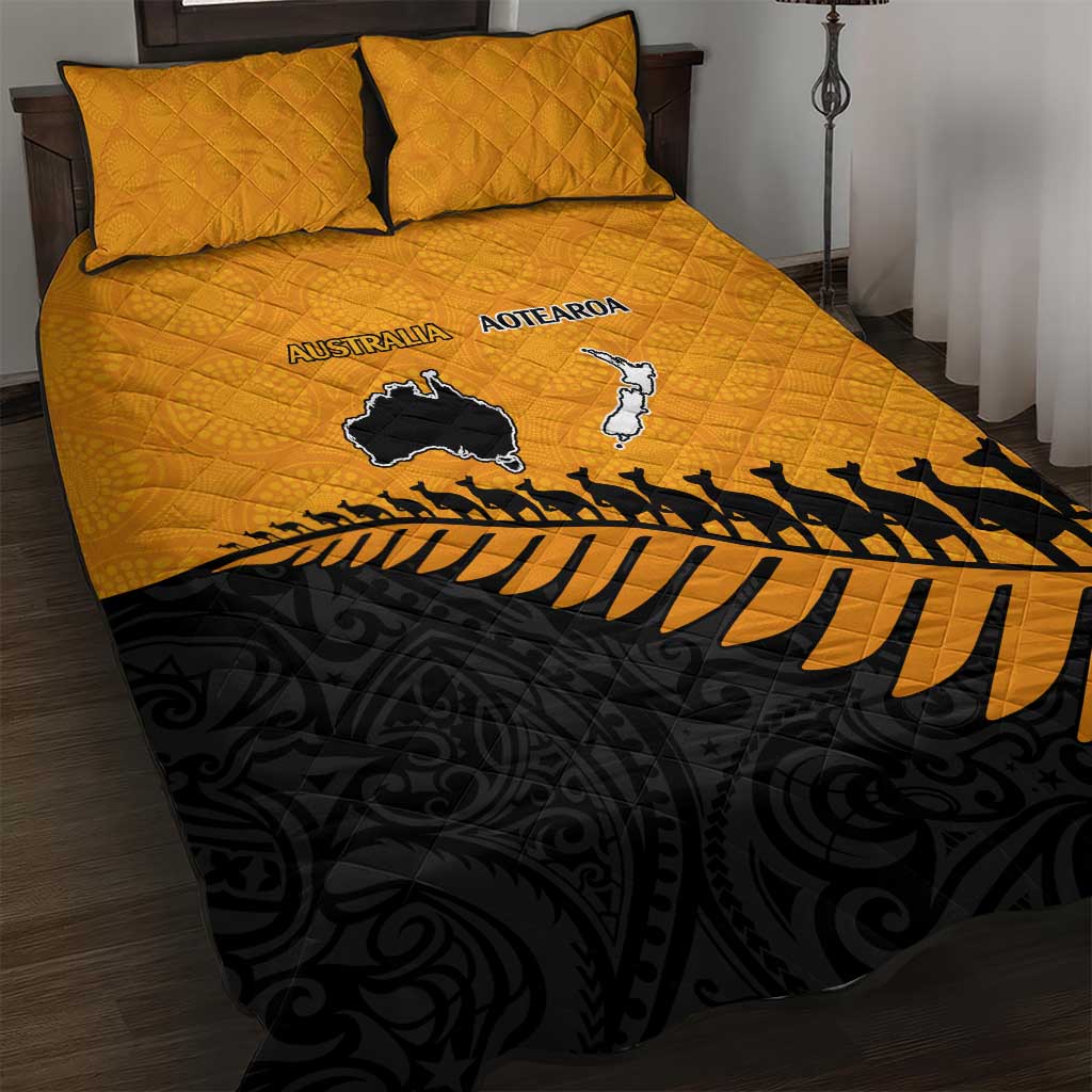 Australia New Zealand Rugby Quilt Bed Set Gold Aboriginal Wallabies and Maori Black Fern LT9 Gold - Polynesian Pride