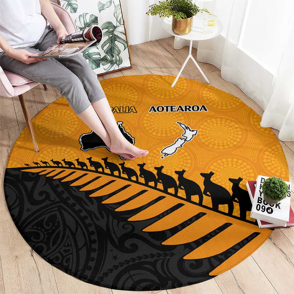 Australia New Zealand Rugby Round Carpet Gold Aboriginal Wallabies and Maori Black Fern LT9 - Polynesian Pride