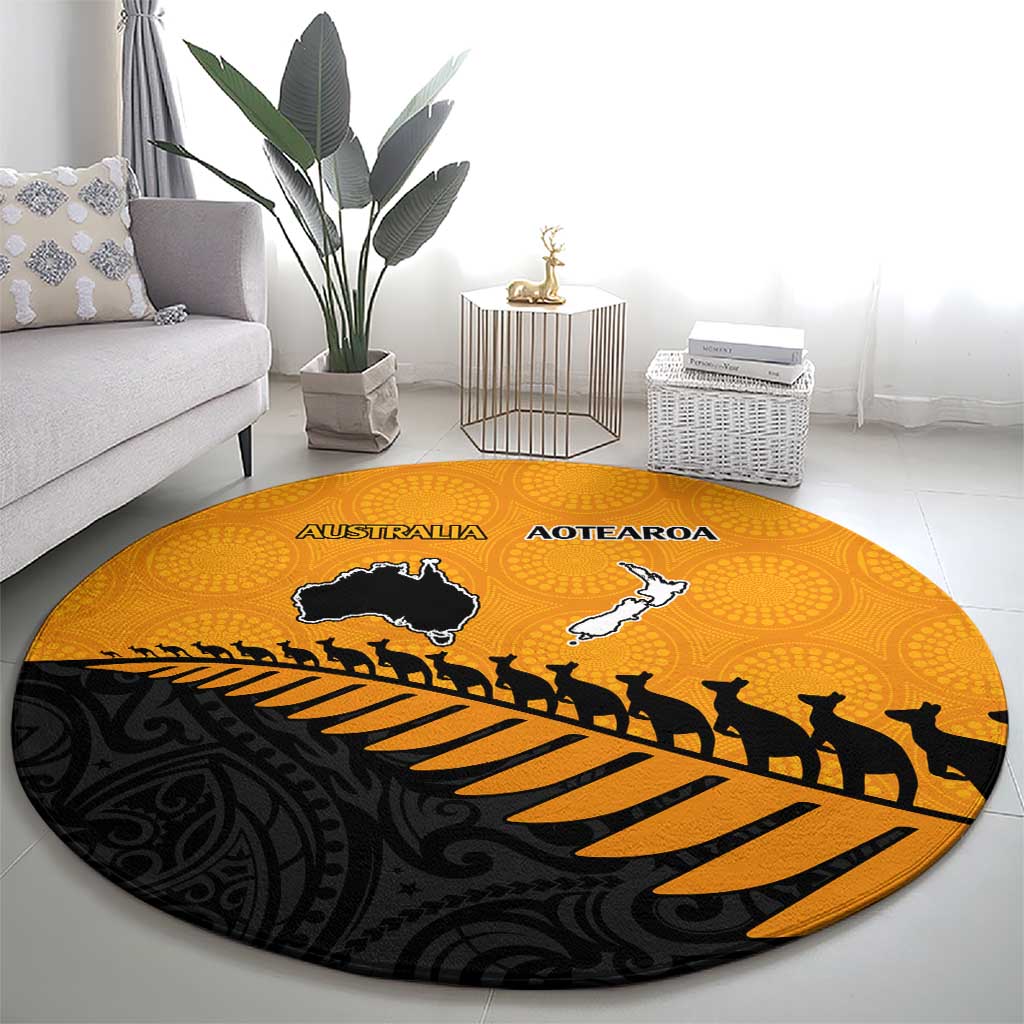 Australia New Zealand Rugby Round Carpet Gold Aboriginal Wallabies and Maori Black Fern LT9 - Polynesian Pride
