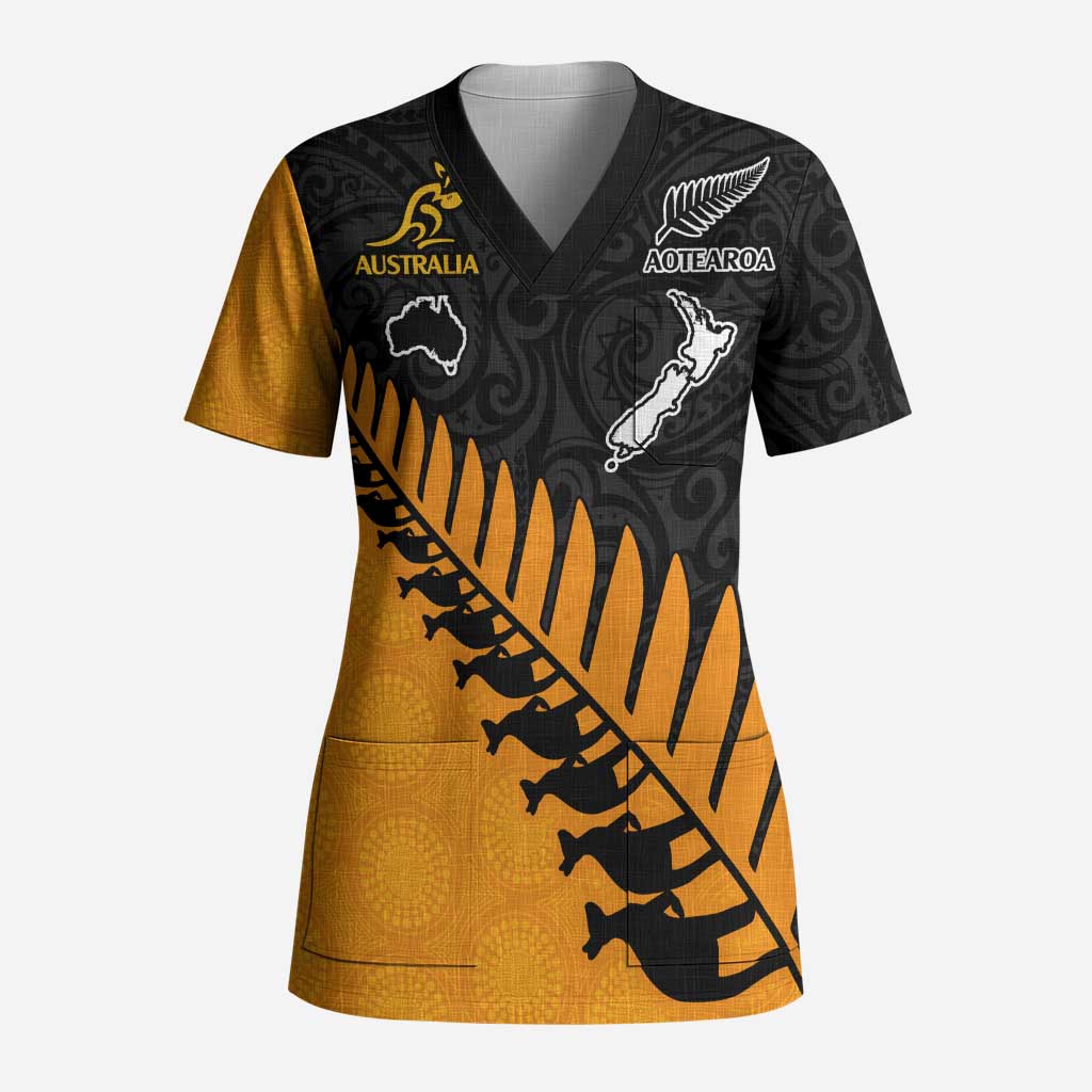 Australia New Zealand Rugby Scrub Top Gold Aboriginal Wallabies and Maori Black Fern LT9 Adult Gold - Polynesian Pride