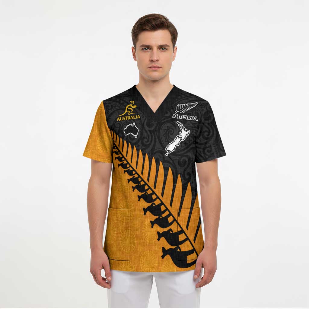Australia New Zealand Rugby Scrub Top Gold Aboriginal Wallabies and Maori Black Fern LT9 - Polynesian Pride