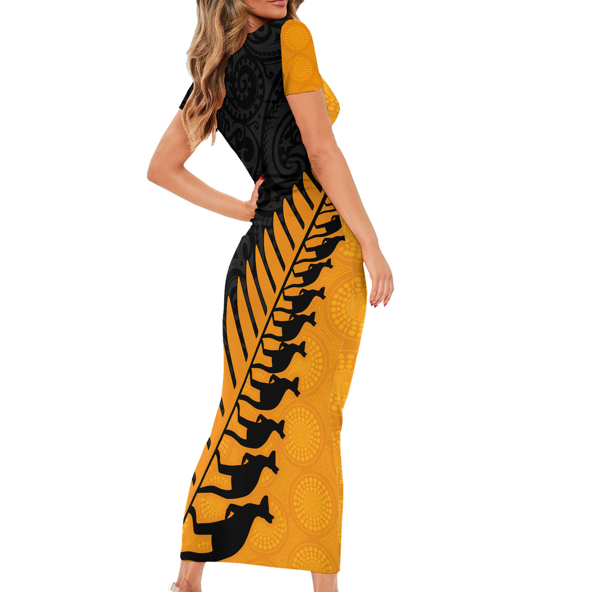 Custom Australia Wallabies and Aotearoa Rugby Short Sleeve Bodycon Dress Kangaroo Black Fern Maori Gold Vibe LT9 - Polynesian Pride