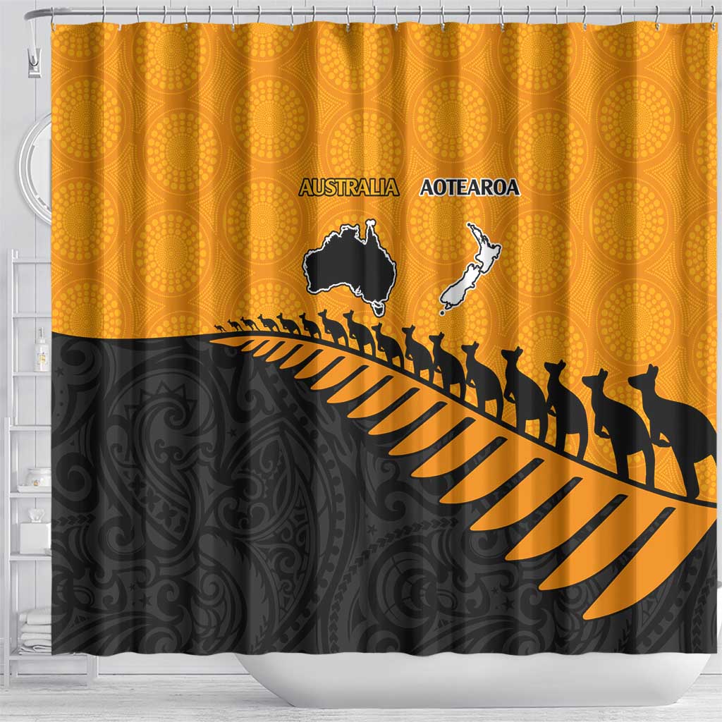 Australia New Zealand Rugby Shower Curtain Gold Aboriginal Wallabies and Maori Black Fern LT9 - Polynesian Pride