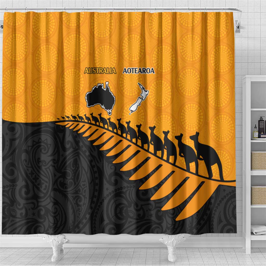Australia New Zealand Rugby Shower Curtain Gold Aboriginal Wallabies and Maori Black Fern LT9 - Polynesian Pride