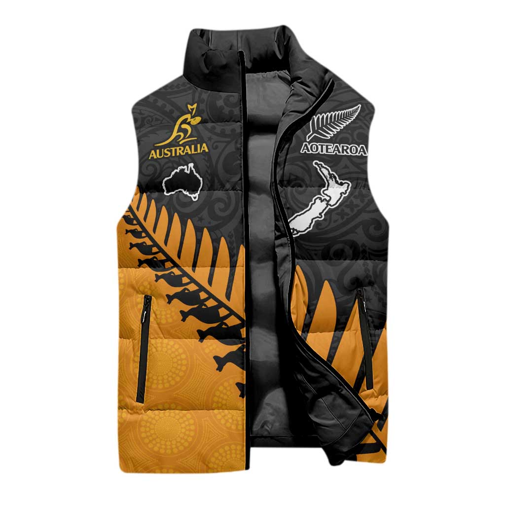 Australia New Zealand Rugby Sleeveless Puffer Jacket Gold Aboriginal Wallabies and Maori Black Fern LT9 - Polynesian Pride