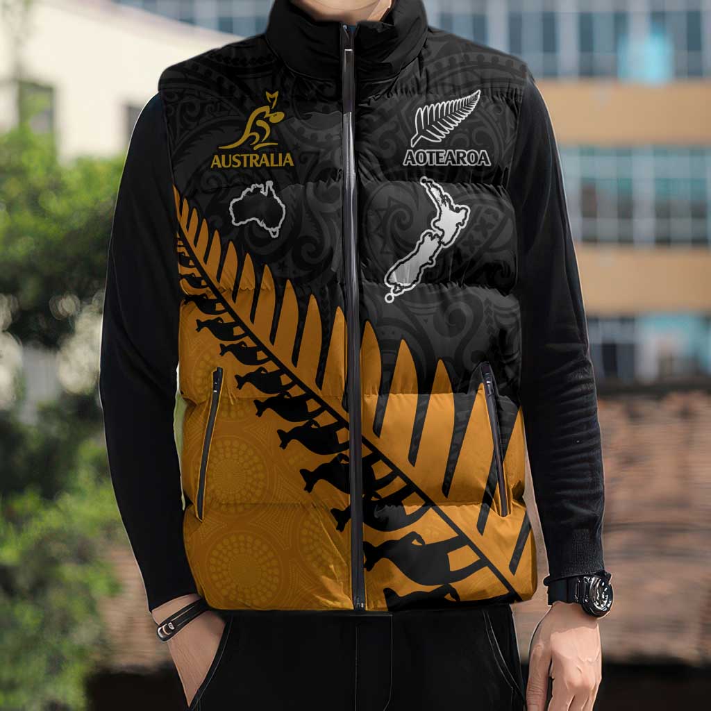 Australia New Zealand Rugby Sleeveless Puffer Jacket Gold Aboriginal Wallabies and Maori Black Fern LT9 - Polynesian Pride