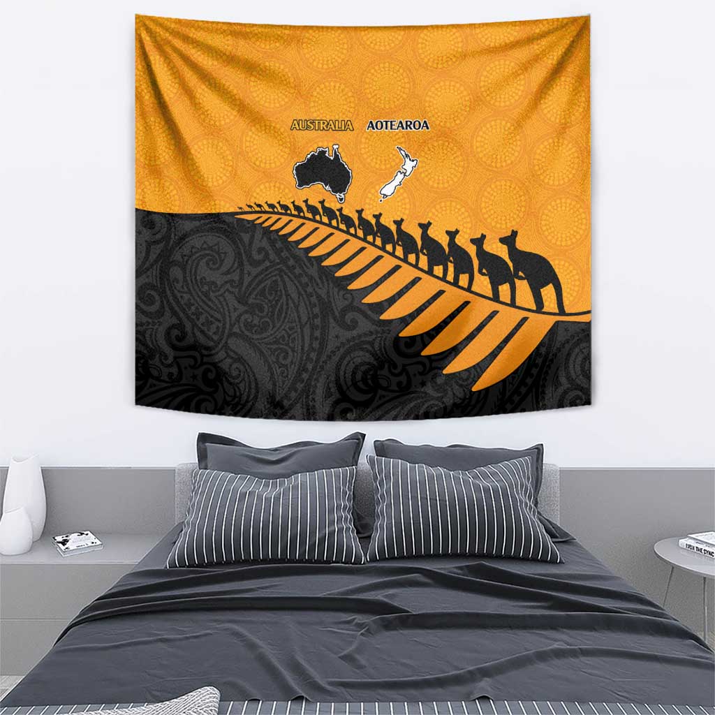 Australia New Zealand Rugby Tapestry Gold Aboriginal Wallabies and Maori Black Fern LT9 - Polynesian Pride