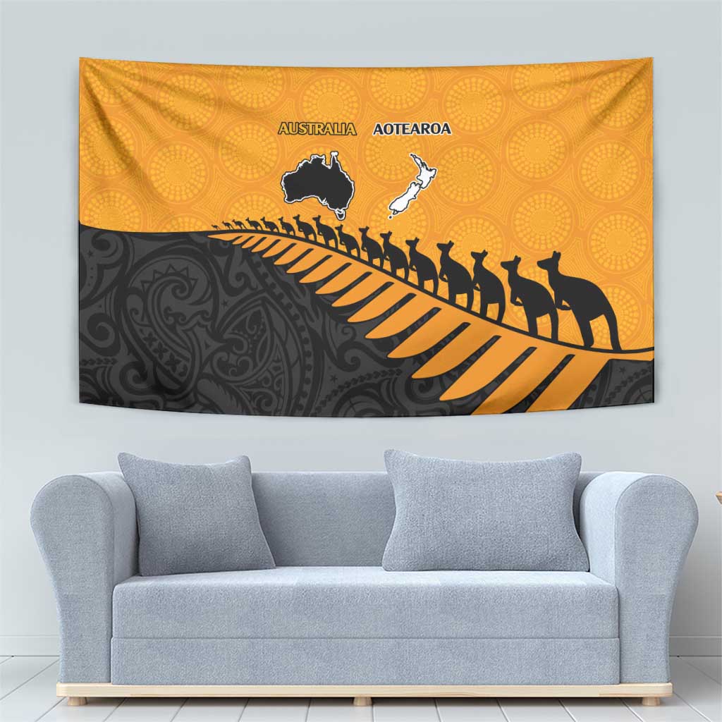 Australia New Zealand Rugby Tapestry Gold Aboriginal Wallabies and Maori Black Fern LT9 - Polynesian Pride