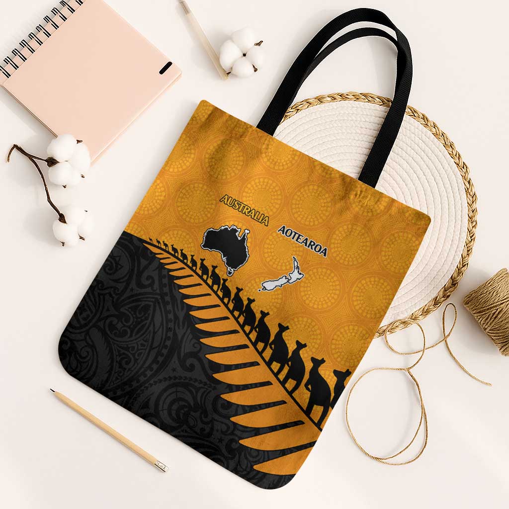 Australia New Zealand Rugby Tote Bag Gold Aboriginal Wallabies and Maori Black Fern LT9 Black Strap One Size Gold - Polynesian Pride