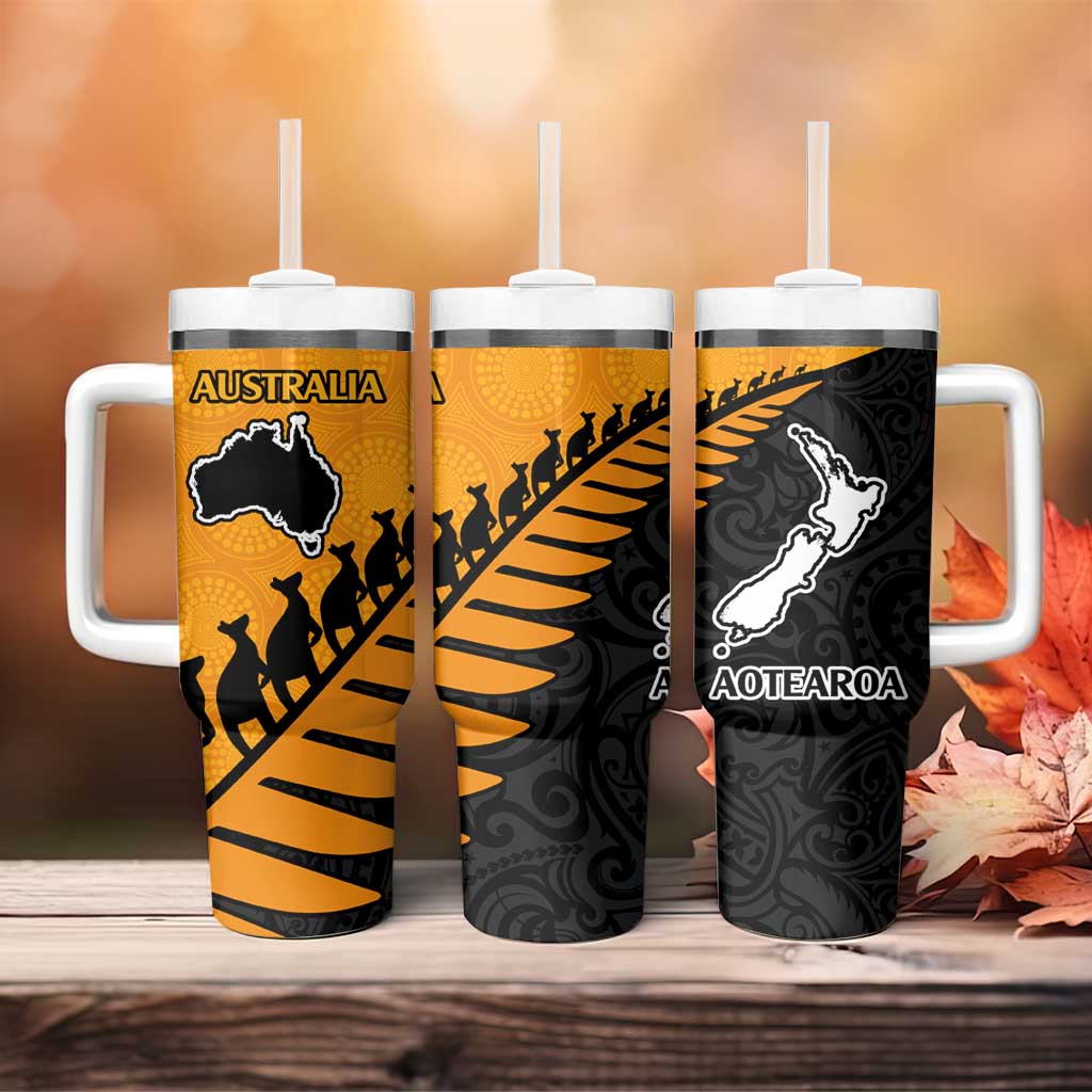 Australia New Zealand Rugby Tumbler With Handle Gold Aboriginal Wallabies and Maori Black Fern LT9 - Polynesian Pride